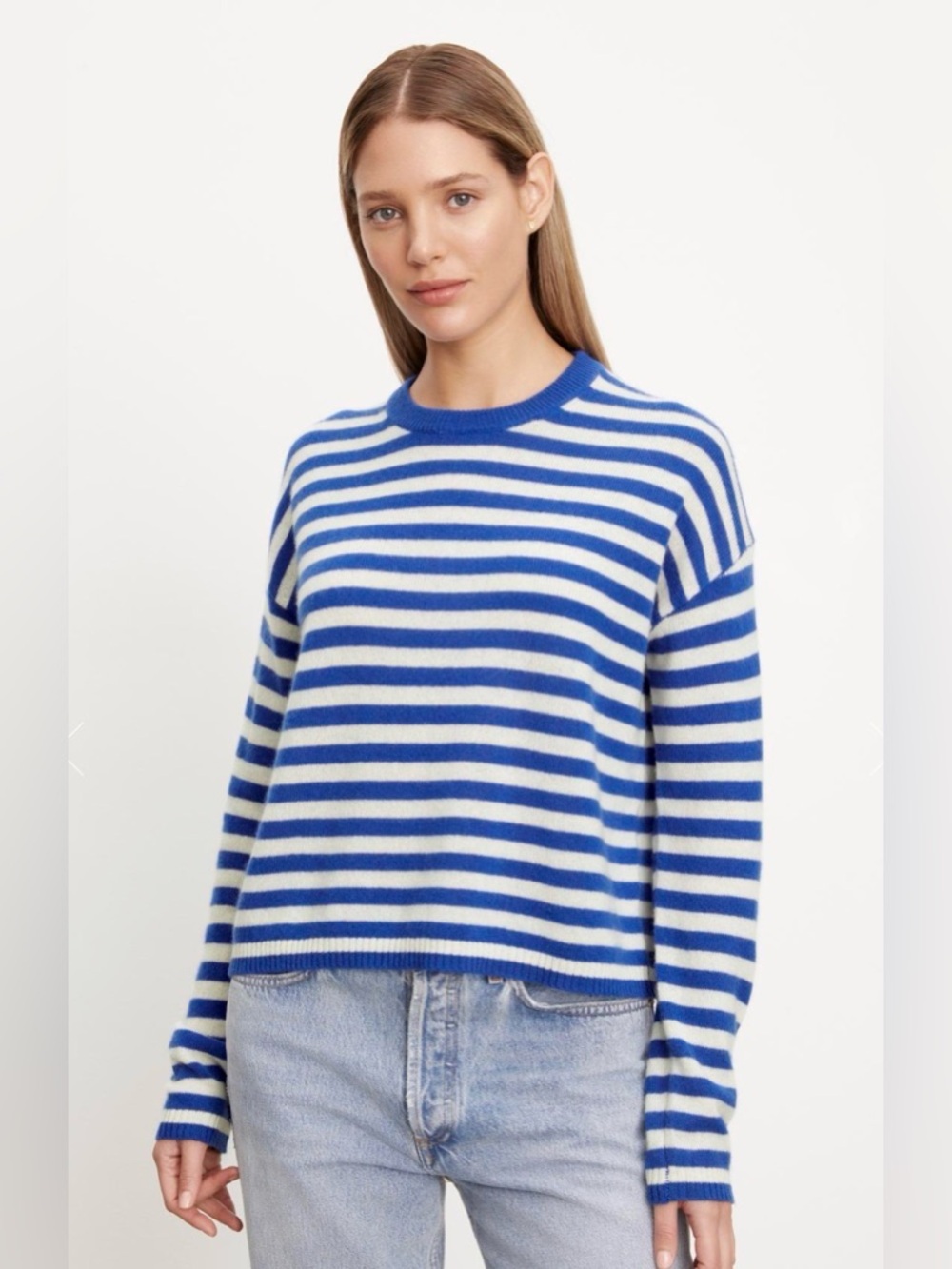 NEW! Velvet by Graham & Spencer 100% Cashmere Sweater Blue White SZ XS - Picture 2 of 11